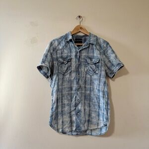 True Religion Slim Plaid Casual Shirt Button Up Short Sleeve Blue Medium